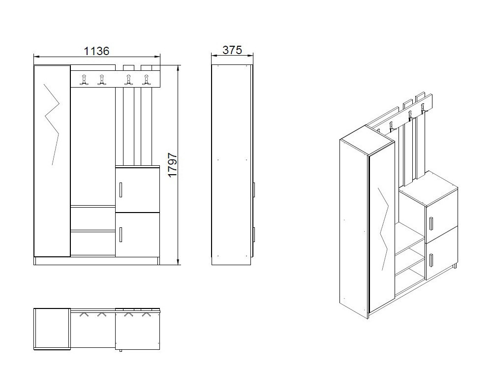 Mobile da corridoio in legno "DD7" - 113 x 37 x 179 cm - Bianco