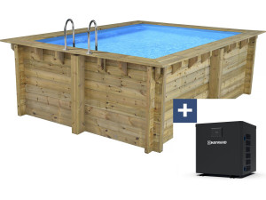 Piscina rettangolare in legno "Caimans 140" - 4,10 x 3,00 x 1,39 m + Mini pompa di calore 3,5 kW - Metallo - Grigio