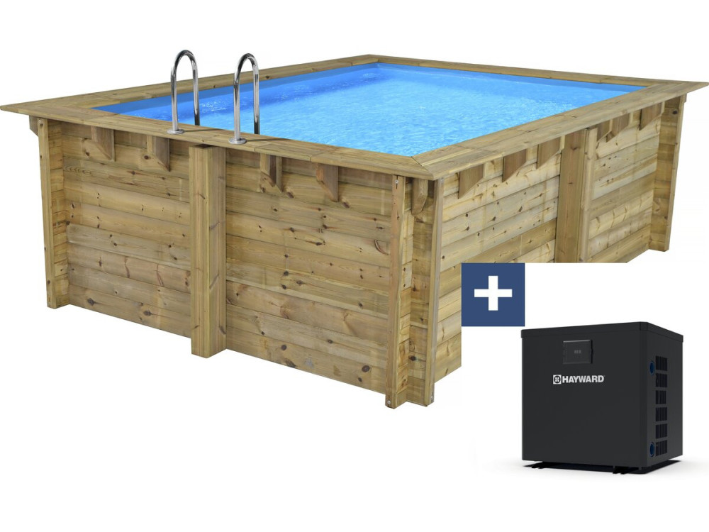 Piscina rettangolare in legno "Caimans 140" - 4,10 x 3,00 x 1,39 m + Mini pompa di calore 3,5 kW - Metallo - Grigio
