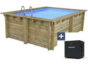 Piscina rettangolare in legno "Maldive" - ??3,20 x 3,20 x 1,24 m + mini pompa di calore 3,5 kW - Metallo - Grigio