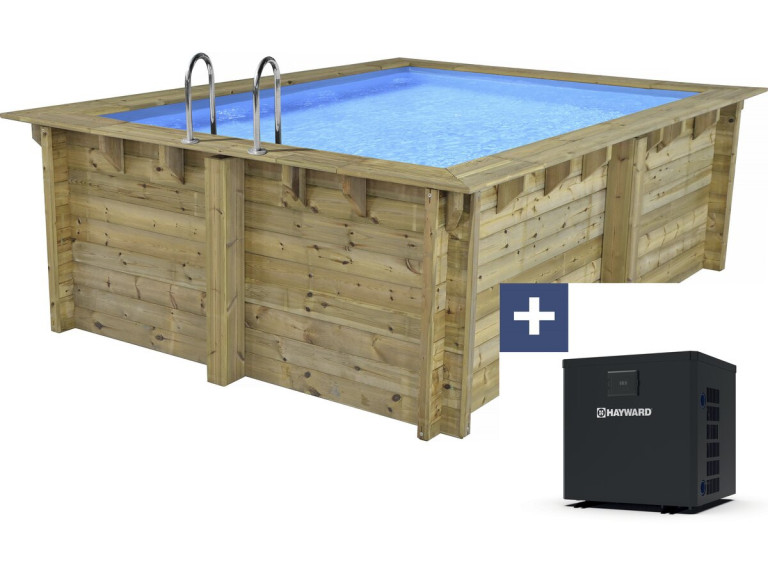 Piscina rettangolare in legno "Maldive" - ??3,20 x 3,20 x 1,24 m + mini pompa di calore 3,5 kW - Metallo - Grigio