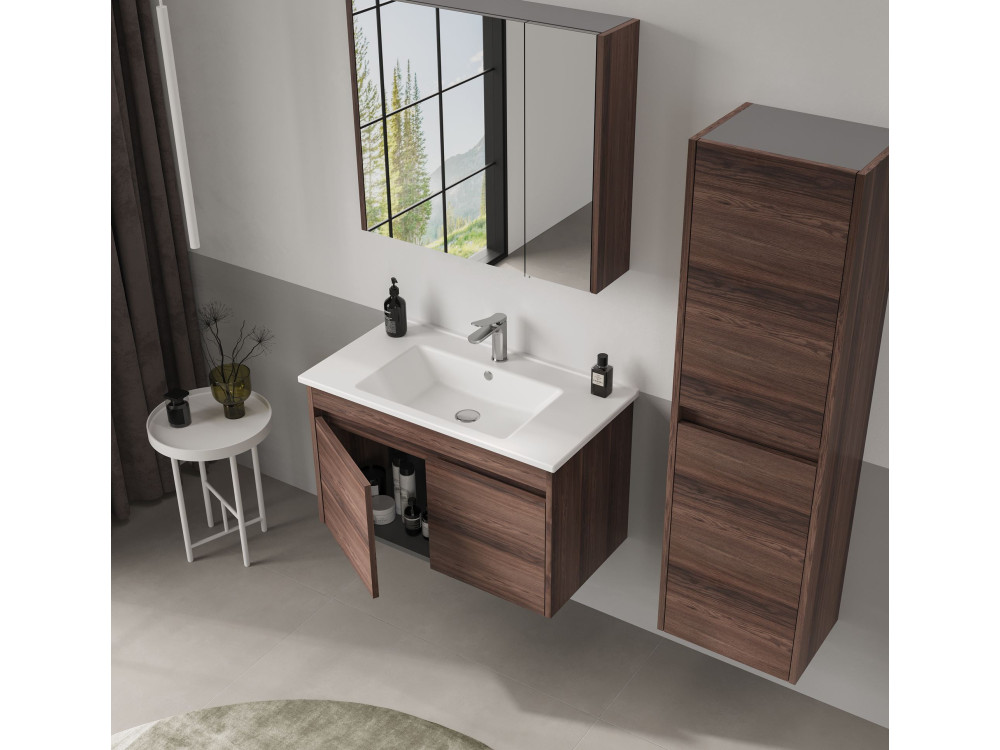 Mobile da bagno con specchio "Side 80" - 79 x 16 x 66 cm - Noce scuro