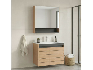 Set mobile lavabo con specchio (2 pezzi) "Ricato 80" - 81 x 47 x 62 cm - Rovere 2