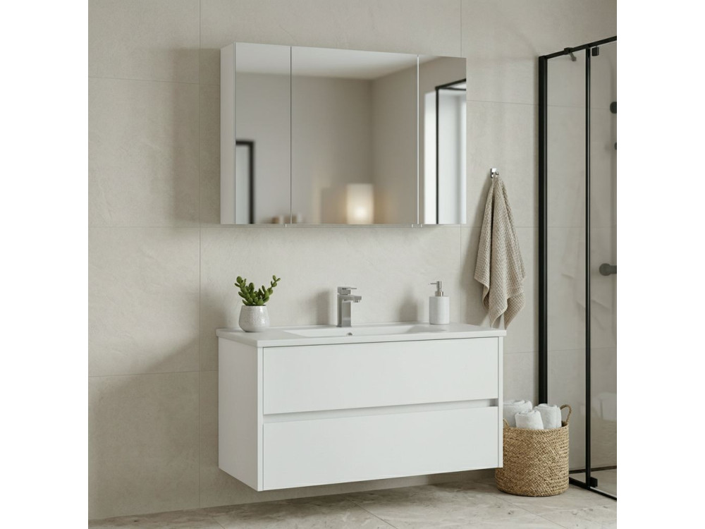 Set mobile lavabo con specchio (2 pezzi) "Side 100 v3" - 100 x 16 x 52 cm - Bianco opaco