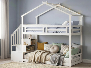 Letto a castello a forma di capanna con scaletta in legno "Oriana" - 90 x 190 cm - Beige 2