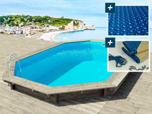 Piscina in legno "Brazilia 145" 5,86 x 3,86 x 1,44 m - telo a bolle 180 µm - telo invernale 280 g/m²