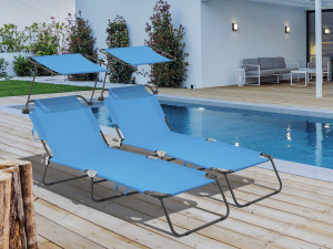 Set di 2 lettini prendisole pieghevoli "Lazy" - Con parasole - Blu 2