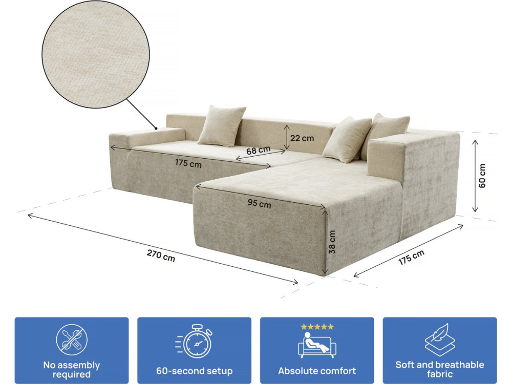 Divano angolare in tessuto testurizzato "Tessaro" - 4 posti - Beige
