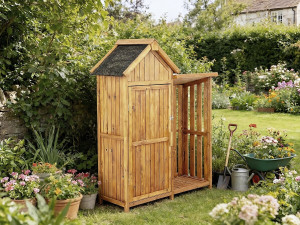 Mobiletto da giardino in legno "Noé" con deposito per tronchi - 136 x 57 x 170 cm - Marrone 2