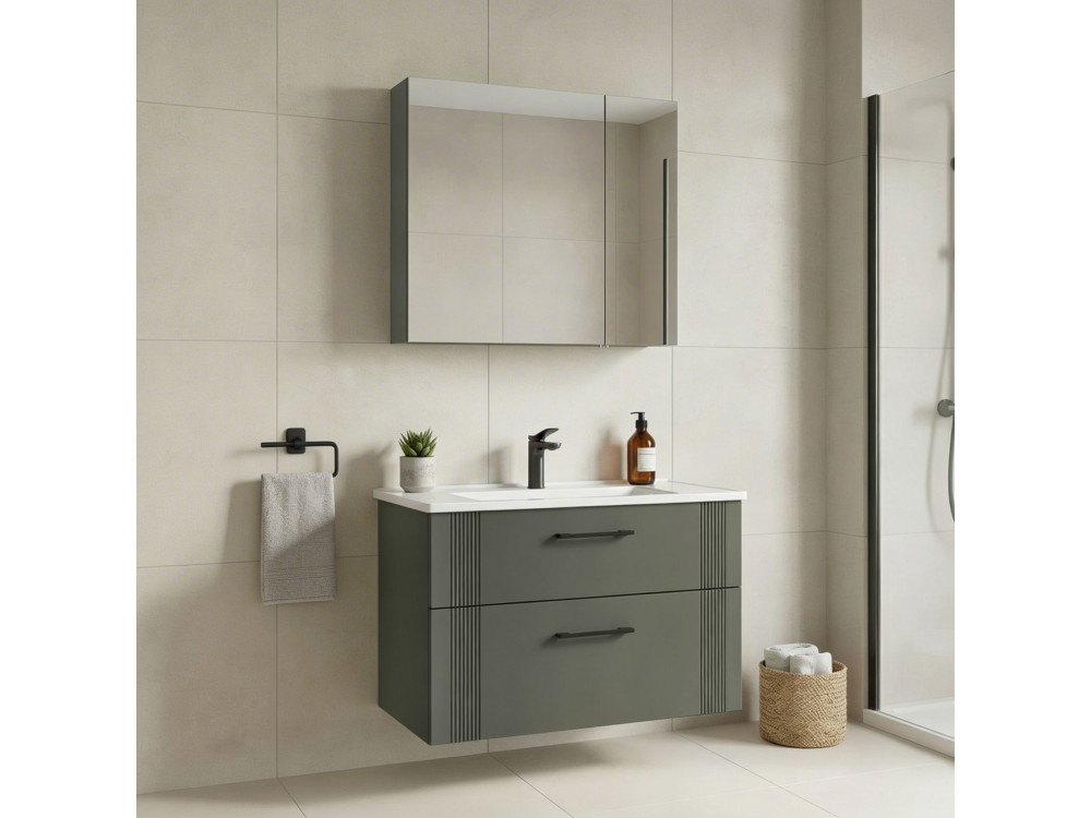 Set mobile lavabo con specchio (2 pezzi) "Bari 85 v2" - 85 x 45 x 55 cm - Verde opaco