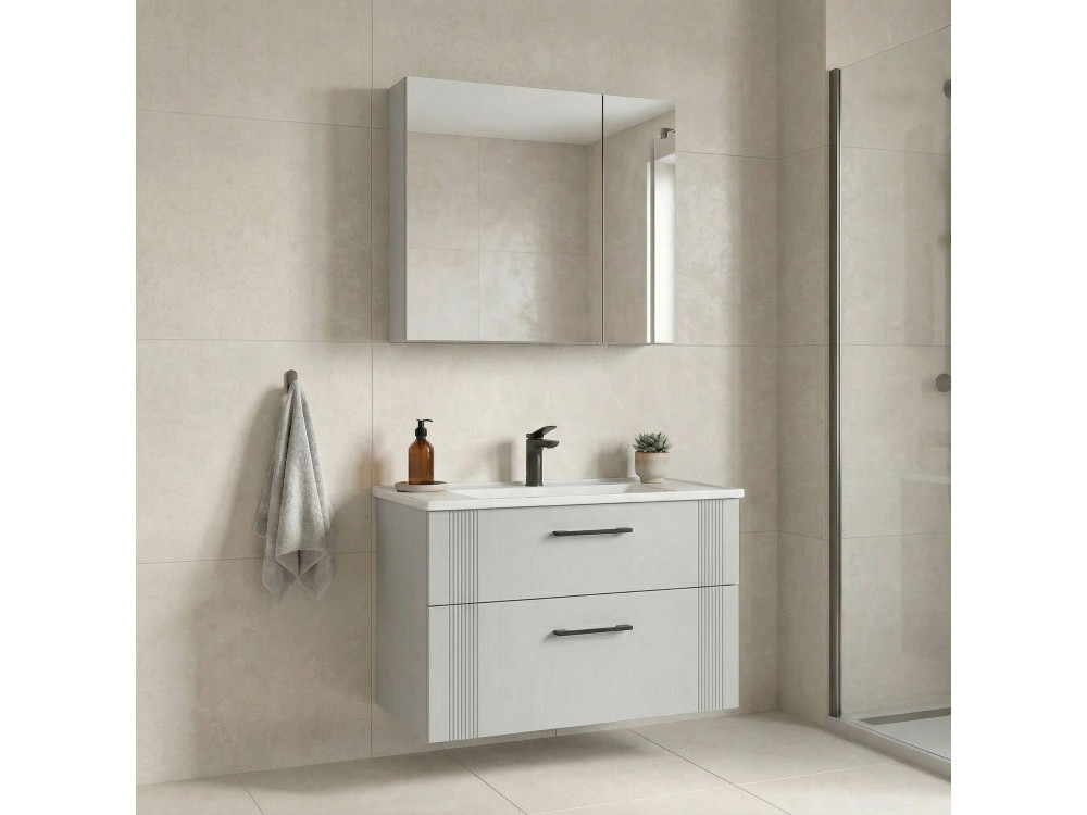 Set mobile lavabo con specchio (2 pezzi) "Bari 85 v2" - 85 x 45 x 55 cm - Bianco opaco