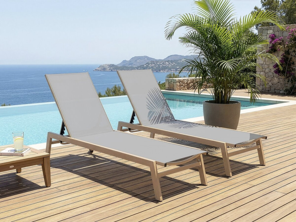 Set di 2 lettini "Elysia" in alluminio effetto legno - Grigio chiaro