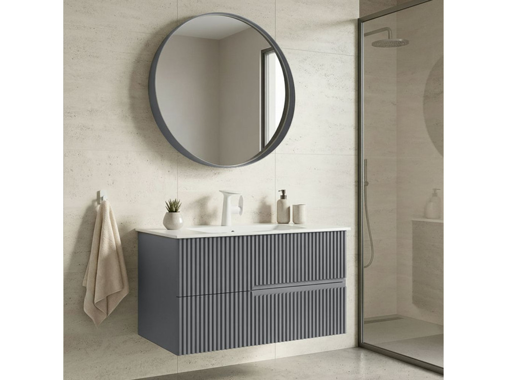 Set mobile lavabo con specchio (2 pezzi) "Moonlight 90 v2" - 91 x 51 x 51 cm - Grigio opaco