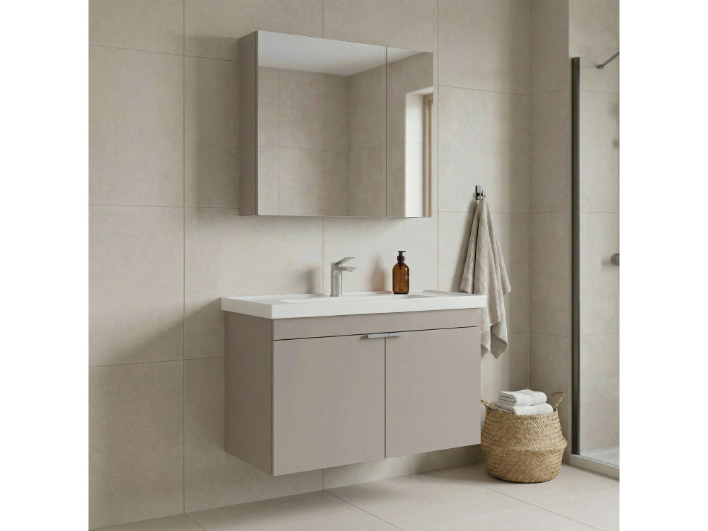 Set mobile lavabo con specchio (2 pezzi) "Desna 80" - 80 x 45 x 58 cm - Sabbia