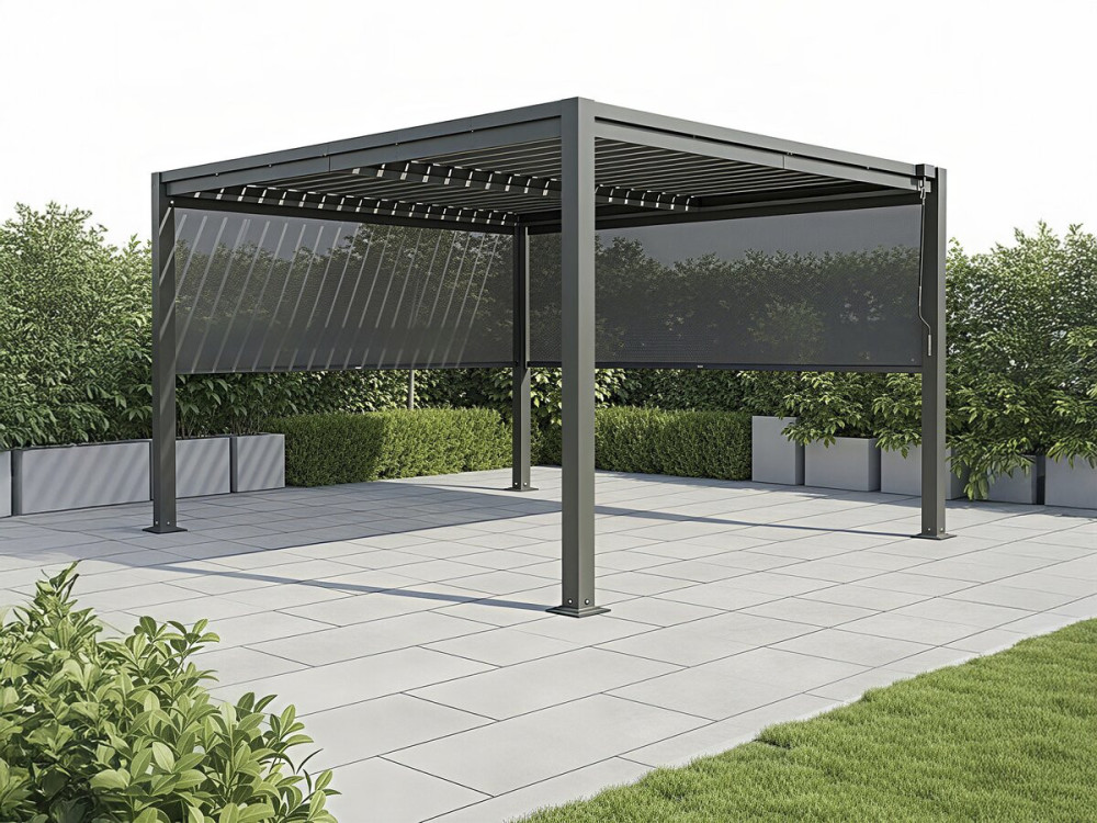 Pergola bioclimatica "Howard" con 2 tende in acciaio zincato - 3 x 4 m - Grigio