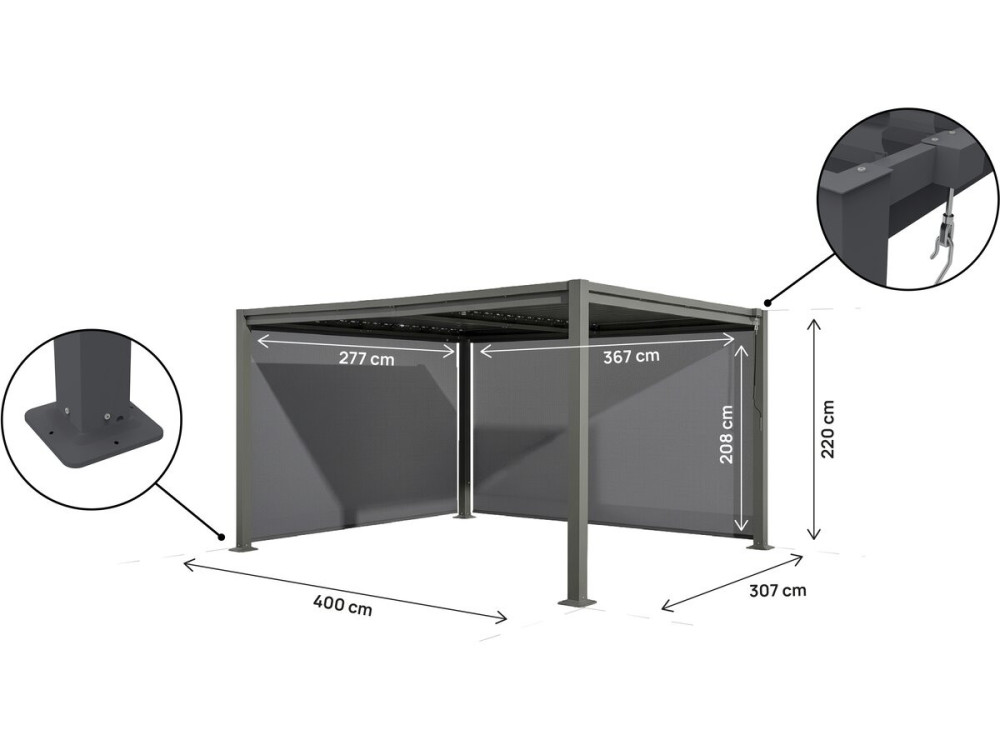 Pergola bioclimatica "Howard" con 2 tende in acciaio zincato - 3 x 4 m - Grigio