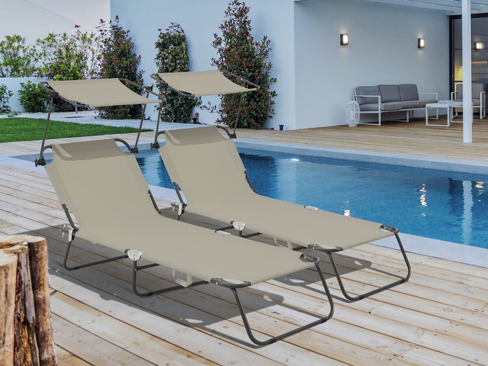Set di 2 lettini prendisole pieghevoli "Lazy" - Con parasole - Tortora