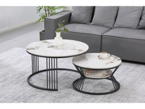 Set di 2 tavolini da caffè impilabili in ceramica "Ombre" - 70 x 70 x 45 cm - Bianco 2