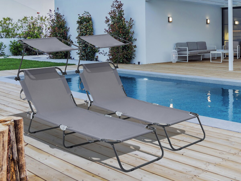 Set di 2 lettini prendisole pieghevoli "Lazy" - Con parasole - Grigio