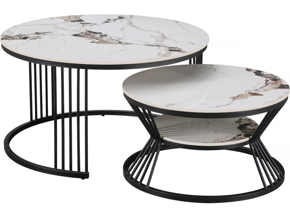 Set di 2 tavolini da caffè impilabili in ceramica "Ombre" - 70 x 70 x 45 cm - Bianco