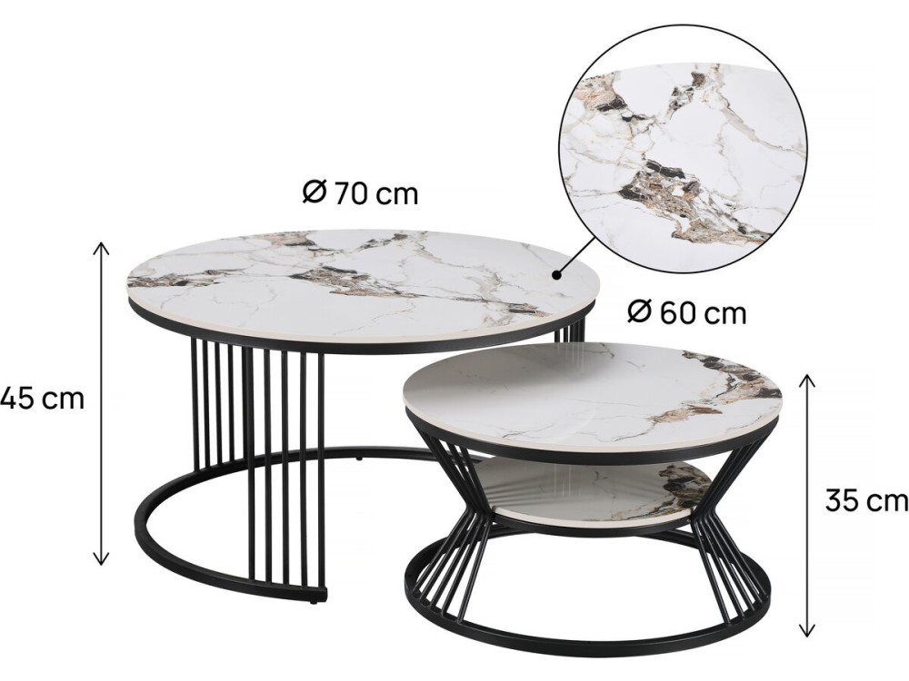 Set di 2 tavolini da caffè impilabili in ceramica "Ombre" - 70 x 70 x 45 cm - Bianco