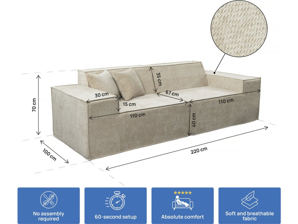 Divano componibile dritto in tessuto texturizzato "Lusso" - 3 posti - Beige
