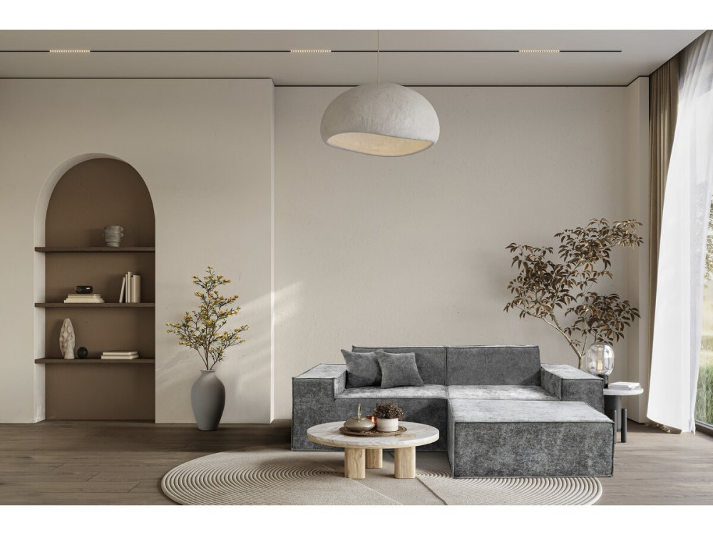 Divano componibile dritto con pouf in tessuto texturizzato "Lusso" - 3 posti - Grigio