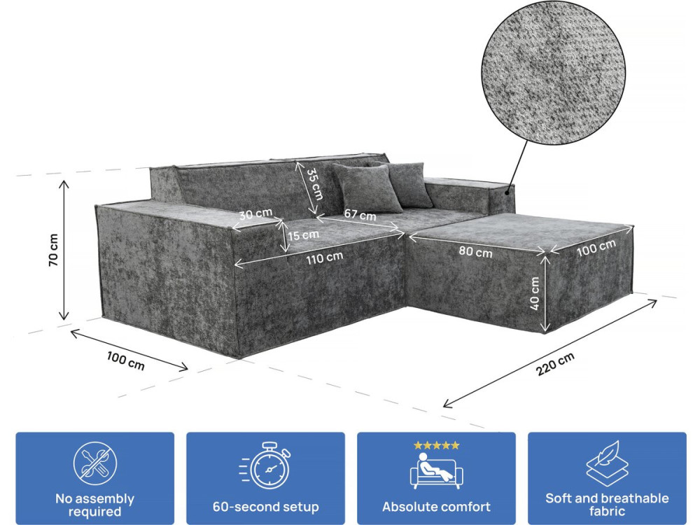 Divano componibile dritto con pouf in tessuto texturizzato "Lusso" - 3 posti - Grigio