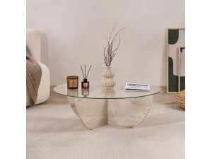 Tavolino in vetro "Liya" 90 x 90 x 30 cm - Travertino 2