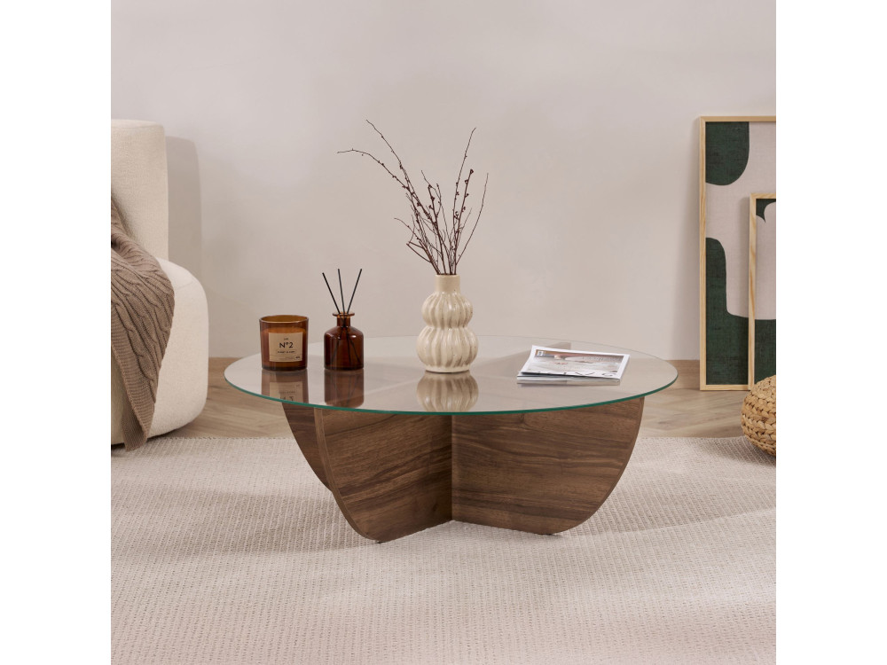 Tavolino in vetro "Liya" 90 x 90 x 30 cm - Noce