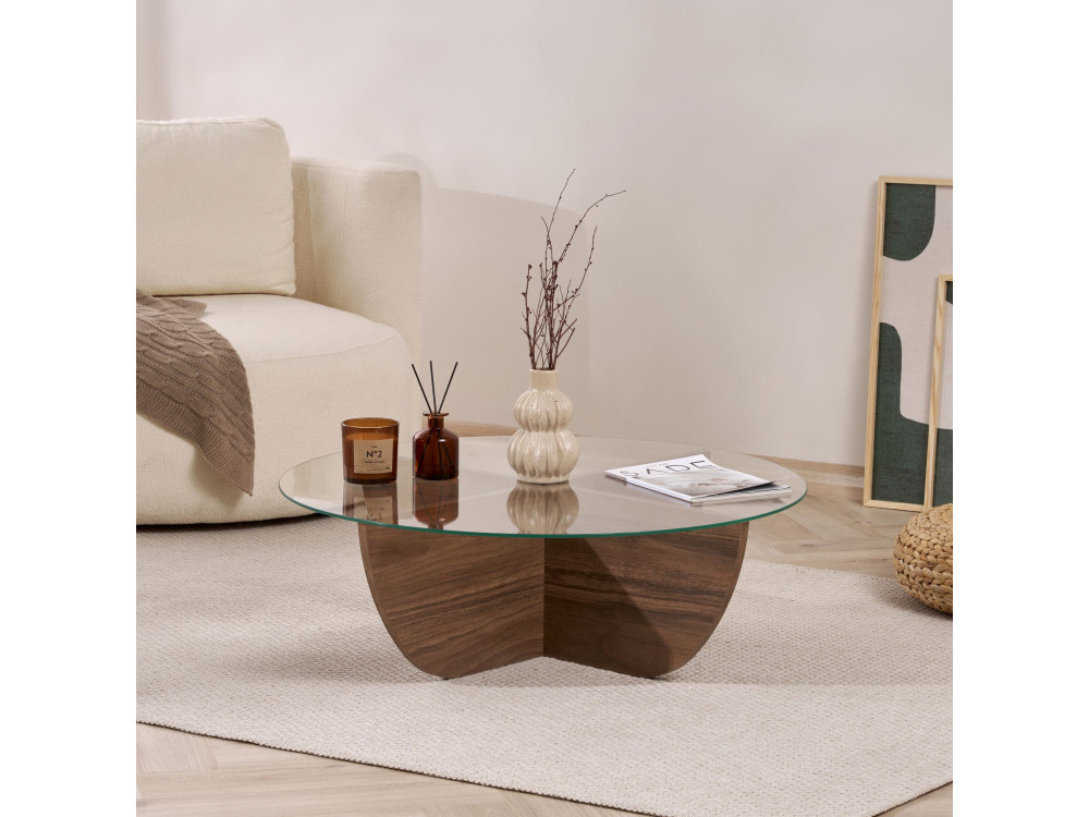 Tavolino in vetro "Liya" 90 x 90 x 30 cm - Noce