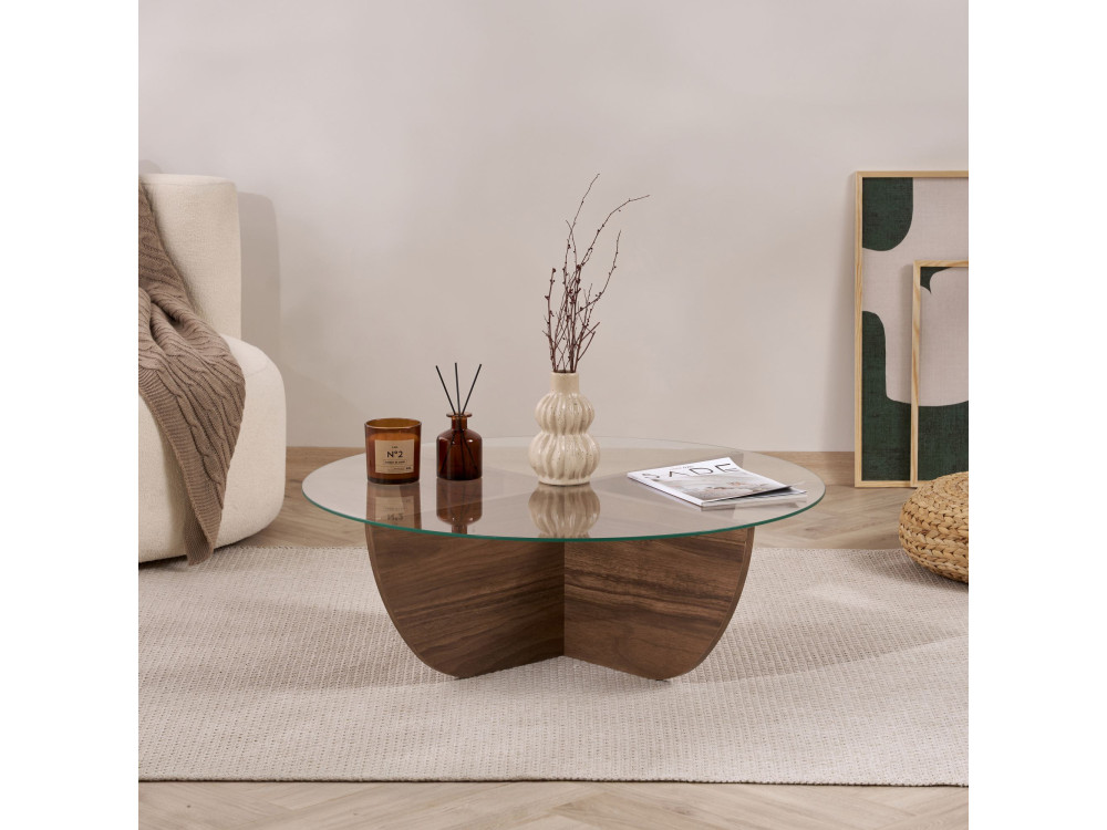 Tavolino in vetro "Liya" 90 x 90 x 30 cm - Noce