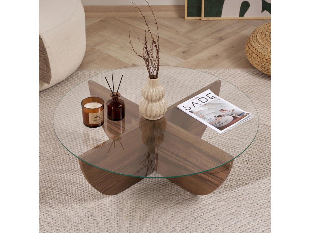 Tavolino in vetro "Liya" 90 x 90 x 30 cm - Noce