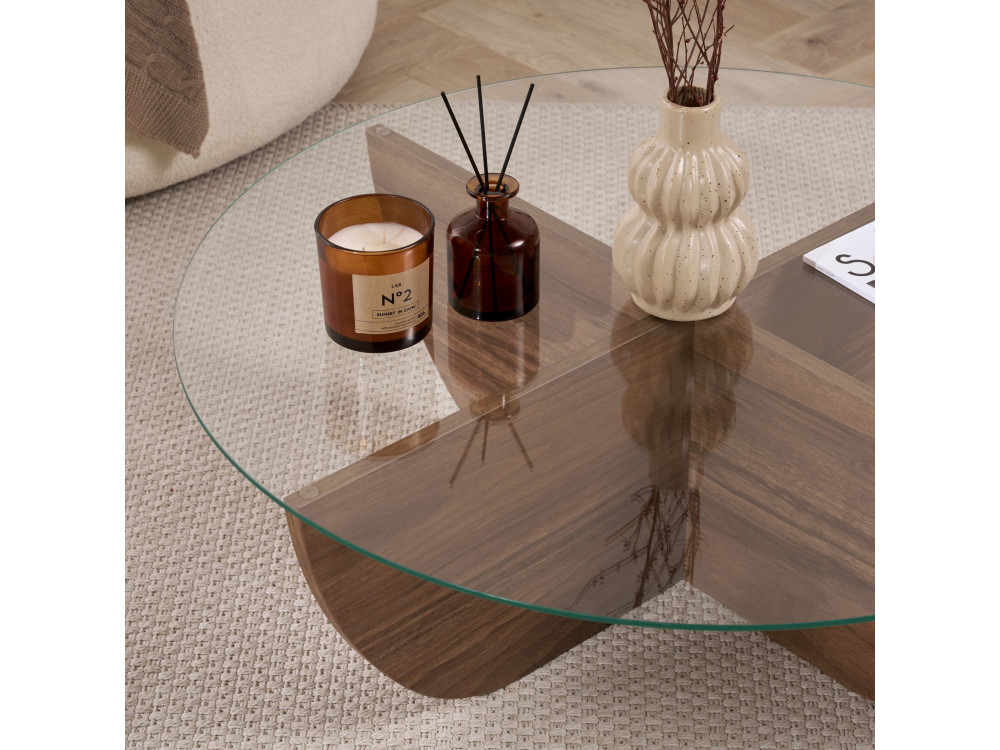 Tavolino in vetro "Liya" 90 x 90 x 30 cm - Noce