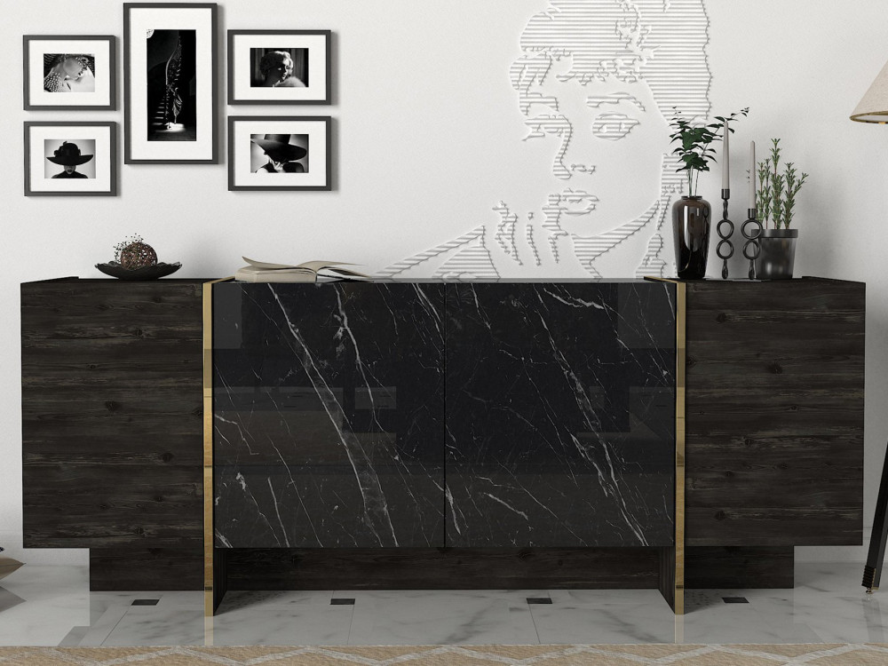 Credenza in legno "Veyron" - 180 x 46 x 75 cm - Nero/Oro