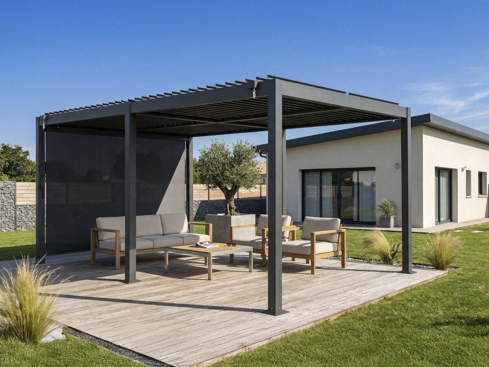 Pergola bioclimatica "Kensington" con tenda in alluminio - 3 x 5 m - Grigio