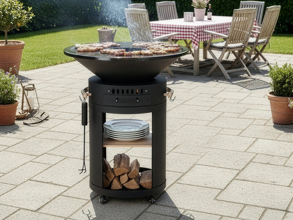 Braciere "Cesar premium" a carbonella e legna per barbecue plancha - Ø 81 cm - Nero