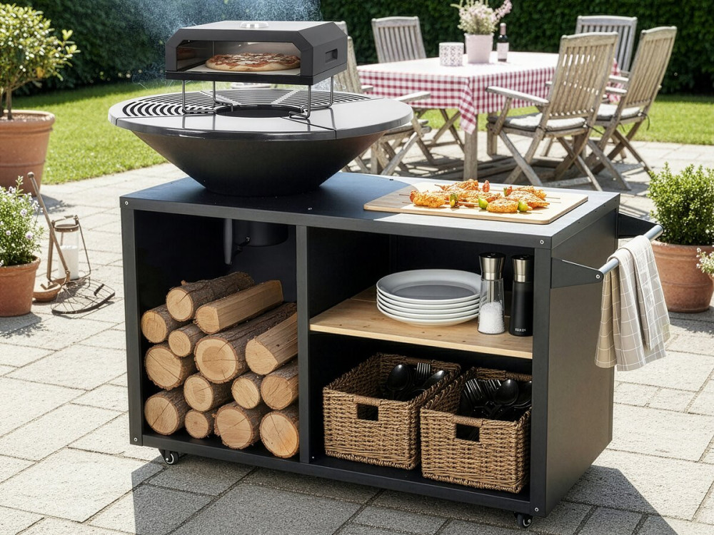 Braciere per barbecue plancha con forno per pizza "Maréchal" - Ø 81 cm - Nero