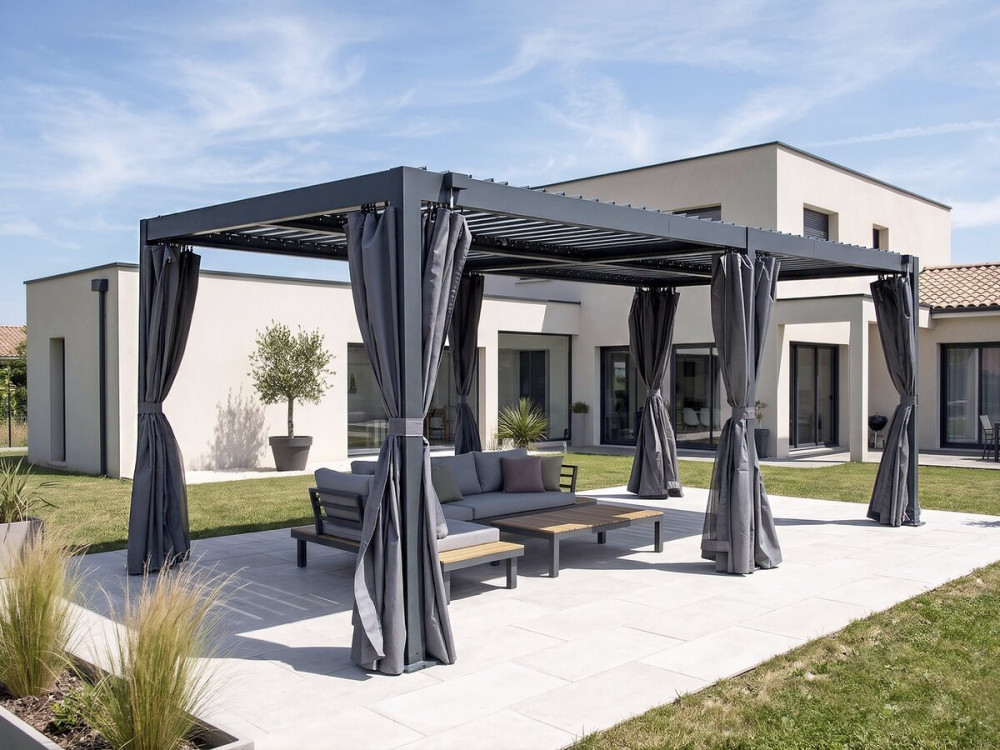 Pergola bioclimatica in alluminio con tenda e zanzariera "Kensington" - 3 x 5 m - Grigio
