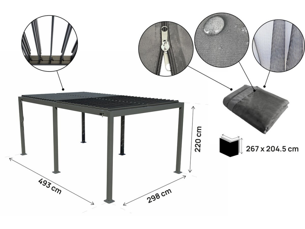 Pergola bioclimatica in alluminio con tenda e zanzariera "Kensington" - 3 x 5 m - Grigio