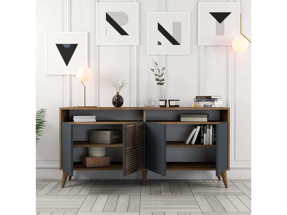 Credenza in legno "Milano" - 160 x 35 x 78 cm - Noce, Antracite