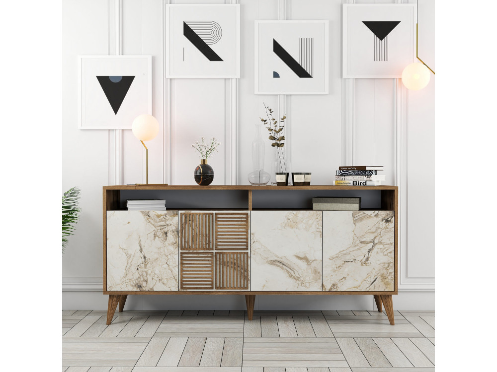 Console in legno "Milano" - 35 x 160 x 78 cm - Noyer, Marbre Blanc