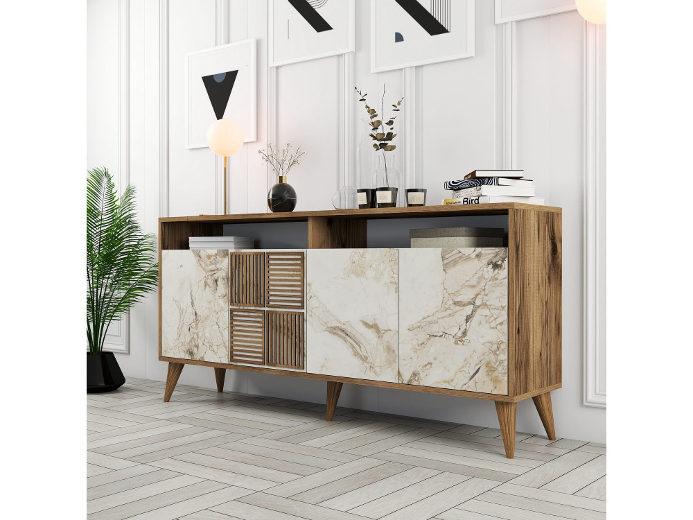 Console in legno "Milano" - 35 x 160 x 78 cm - Noyer, Marbre Blanc