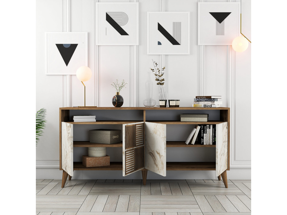 Console in legno "Milano" - 35 x 160 x 78 cm - Noyer, Marbre Blanc