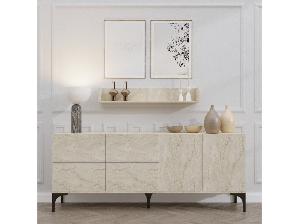 Credenza in legno con mensola a muro "Stella" - 180 x 40 x 55 cm - Travertino
