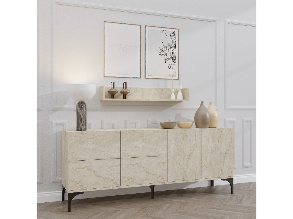 Credenza in legno con mensola a muro "Stella" - 180 x 40 x 55 cm - Travertino