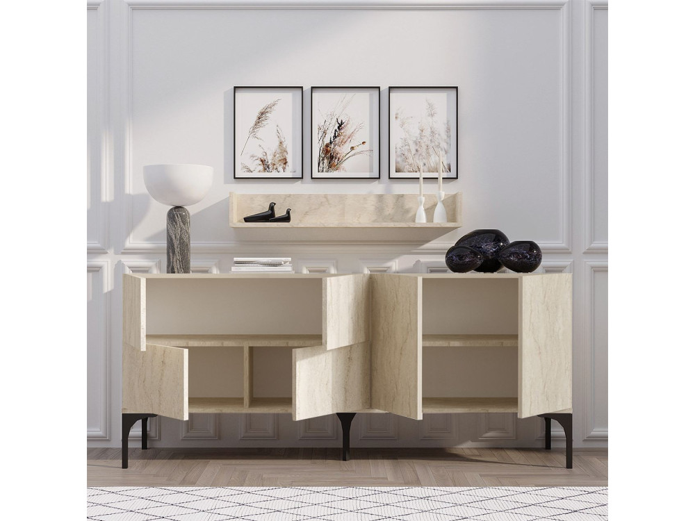 Credenza in legno con mensola a muro "Stella" - 180 x 40 x 55 cm - Travertino
