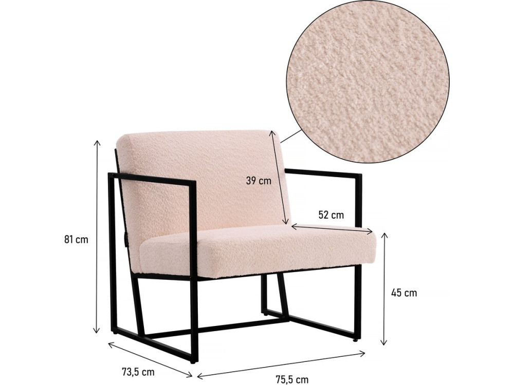 Poltrona "Kennedy" in metallo con tessuto bouclette - 73.5 x 75.5 x 81 cm - Crema