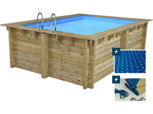 Piscina rettangolare in legno "Caimans" - 4,10 x 3,00 x 1,24 m + copertura a bolle 180 µ - copertura invernale 280 g/m