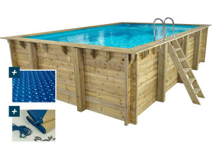 Piscina rettangolare in legno "Panama 130" - 6,20 x 4,10 x 1,30 m + copertura a bolle da 180 µ - copertura invernale da 280 g/m²